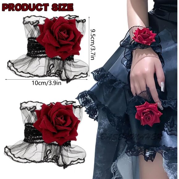 Gothic Rose Lace Gloves Lolita Hand Sleeve Black Lace Elastic Bracelet Wine Red - Picture 2 of 6